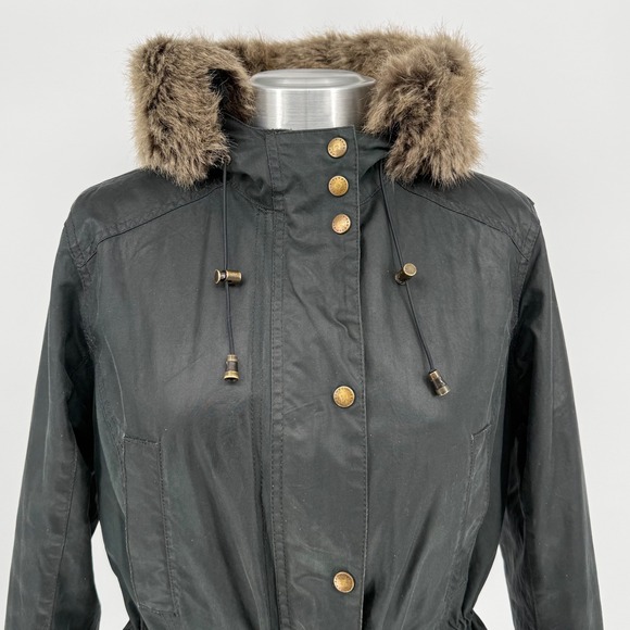 Barbour Womens Kelsall Faux Fur & Faux Shearling Trim Waxed Cotton Parka size 8 - Picture 6 of 16